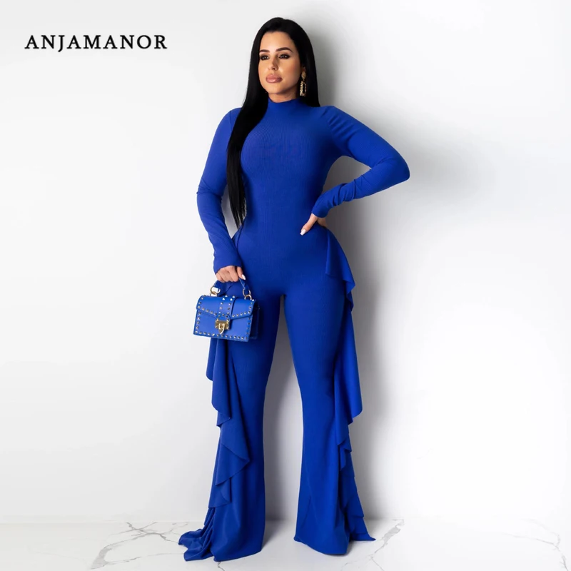 ANJAMANOR, сексуальный трикотажный комбинезон с открытой спиной, длинным рукавом, оборками, комбинезон с расклешенными штанинами, зимняя женская одежда, вечерние, Клубные, Цельный Наряд, D43-BZ11