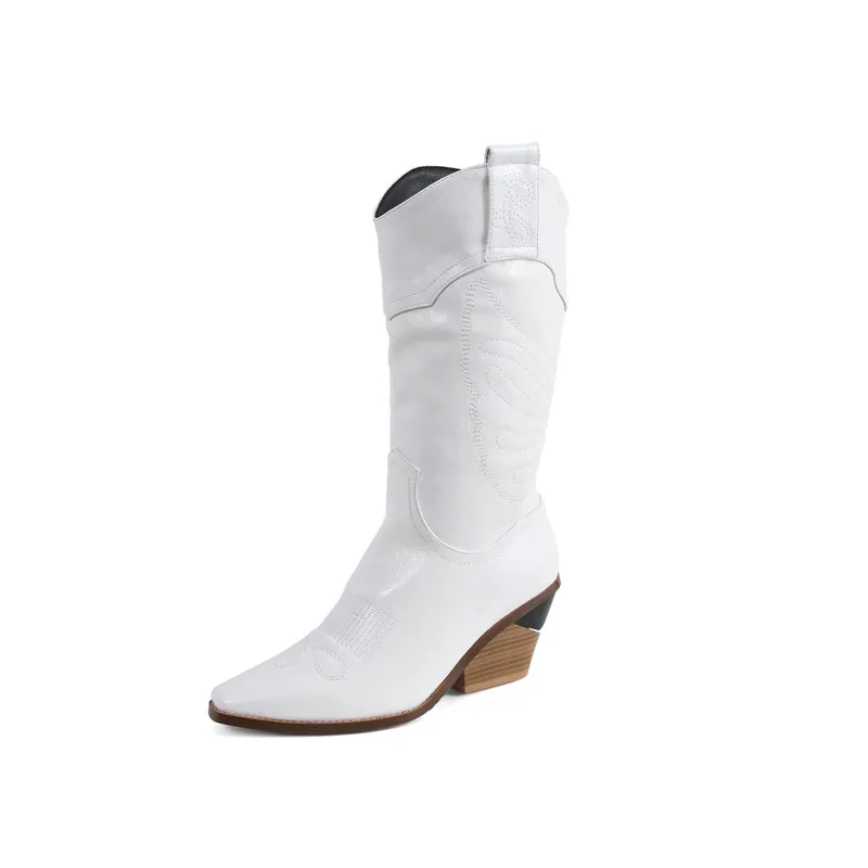 Smirnova new hot autumn winter boots for female slip on dress shoes women mid calf boots sexy ladies high heels boots - Цвет: white