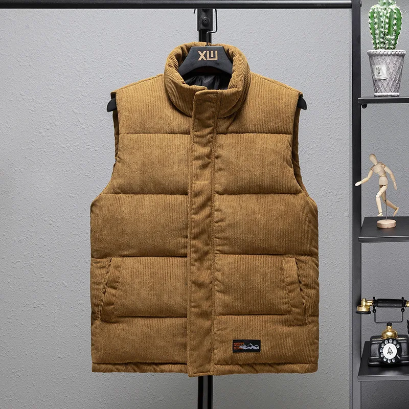 Schinotch New Vest Jacket Men's Autumn Winter Warm Sleeveless Coat Stand Collar Padded Waistcoat Corduroy Work Wear Male Clothes