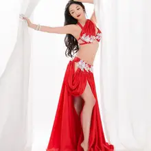 Новое поступление Роскошная ручная работа со стразами танец живота представление костюм бюстгальтер юбка сексуальный костюм для соревнований красный белый