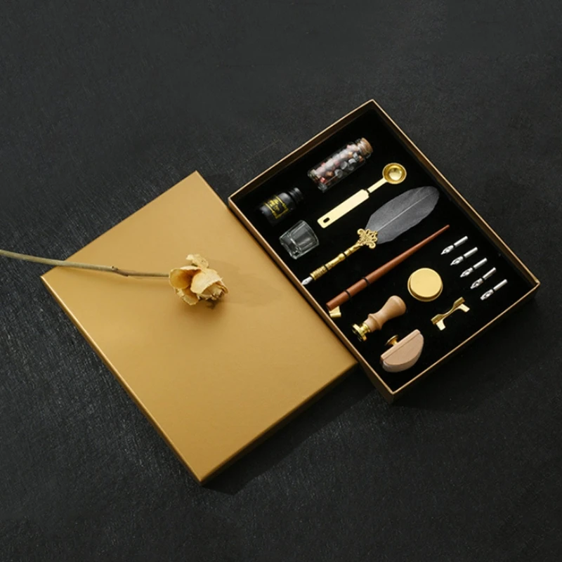 Retro Calligraphy Quill Feather Dip Pen with Nibs Wax Seal Stamp Holder Gift Box Stationery School Supplies