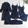 Sexy Women Lace Home Wear Sleep Set Casual Satin Gray Sleepwear Home Clothing  Silky Solid 5PCS Suit Nightgown Sleepwear ► Photo 3/6