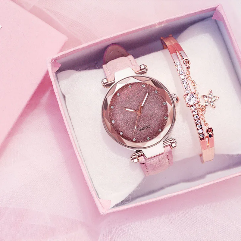 Модные Женские Романтические звездное небо наручные часы браслет кожа со стразами, дизайнерские женские часы простое платье Gfit Montre Femme - Цвет: Pink bracelet