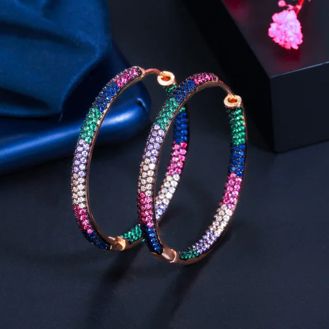 Pera Brand Designer Micro Multicolor Cubic Zirconia Paved Big Circle Gold Color Hoop Earring for Women Chic Wedding Jewelry E692 Black Gold