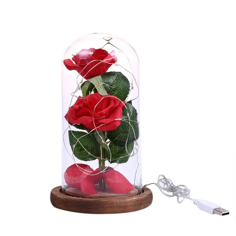 Brown Stand USB 20LED Ночник подарок на день Святого Валентина 2 Роза стеклянный купол медный провод деревянная база струнный светильник поддержка дропшиппинг - Цвет: Brown Stand