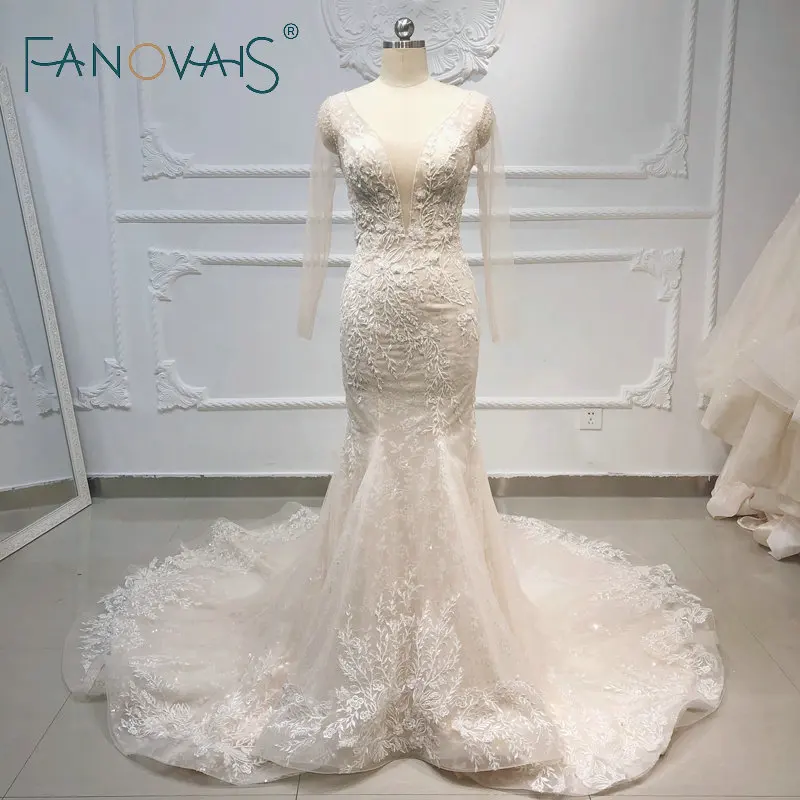 

Champagne Elegant Mermaid Wedding Dresses Long Sleeves Vestido de Novia 2019 Lace Beads Robe de Mairee Wedding Gowns
