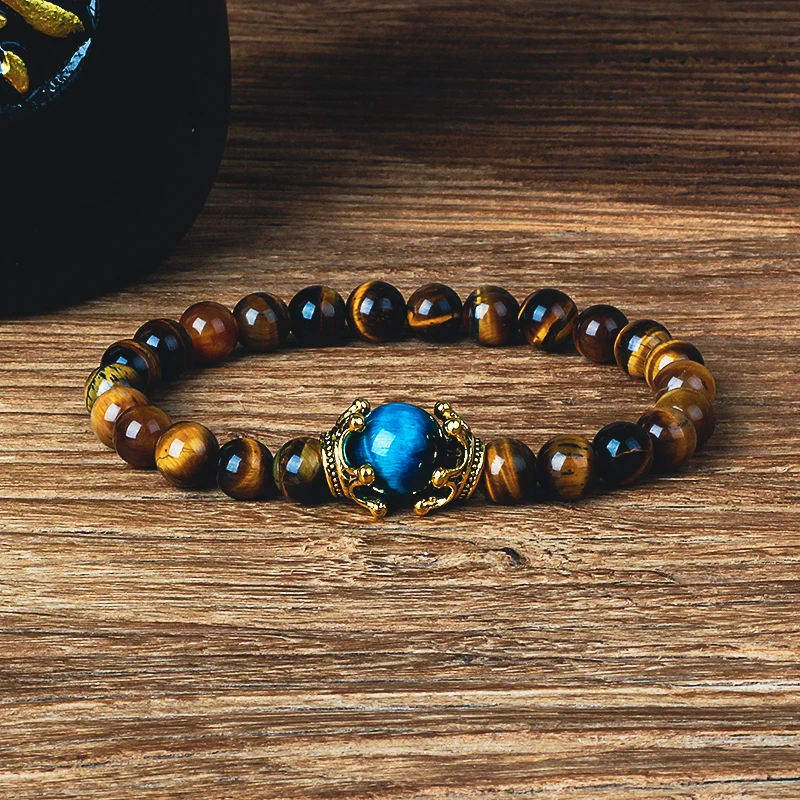 

Fashion Tiger Eye Lion Head Crown Bracelet Men Vintage Luxury High Quality Nature Stone Bracelets Jewelry Male Pulseira bileklik