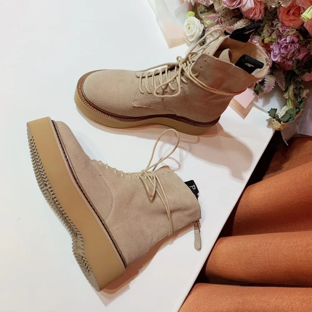 Обувь женские кожаные полусапожки высокого качества ботинки с круглым носком на толстой подошве 4+ 5 см, новая модель обуви Chaussures Femmes De Muju