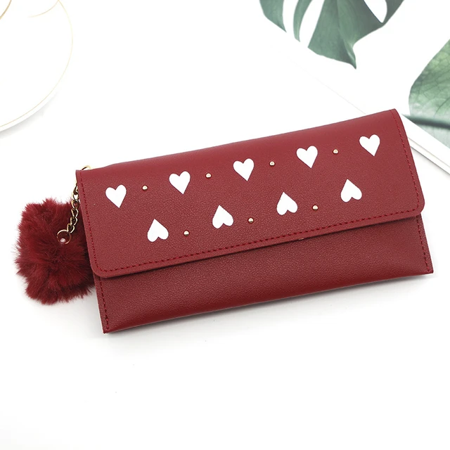 Women's purses Long Wallets Pure Color Wool Ball Bow Clutch Bag Card Coin Purse Standard Wallets PU Solid Polyester Wallet Red