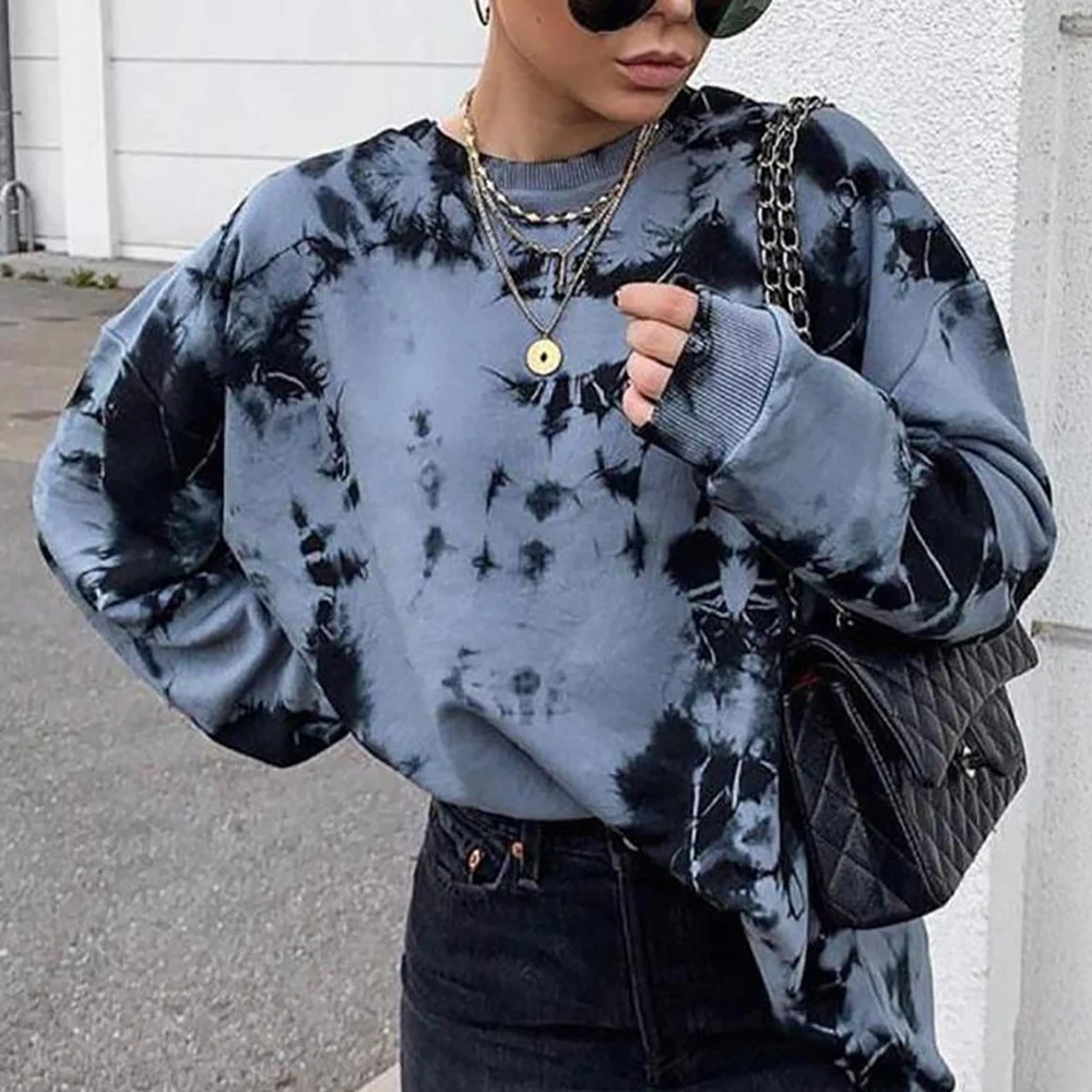 

Women Round Neck Pullovers Girls Female Tie-dye Printed Tops Loose Long Sleeves Sweatshirts 2020 Autumn Harajuku