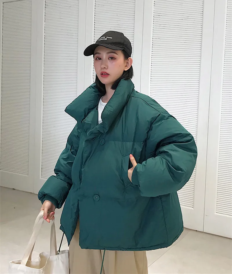 Winter Women's Down Jacket Women Stand Collar Solid Female Down Cold Protection Coat Loose Oversized Womens Short Female Jacket - Цвет: Зеленый