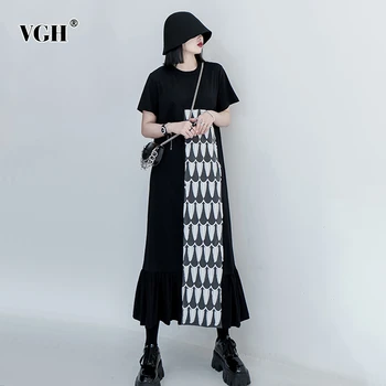 

VGH Elegant Asymmetrical Women Dress O Neck Short Sleeve High Waist Hit Color Irregular Patchwork Ruffle Midi Dresses Female New