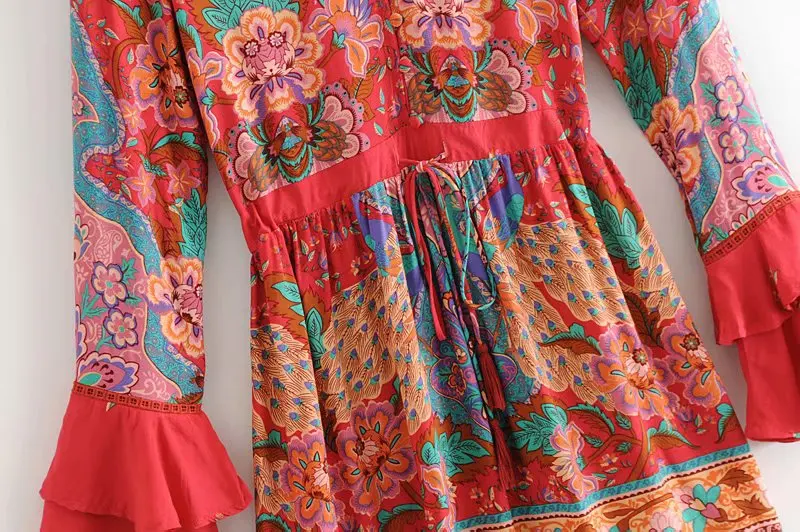 Boho chic женское платье с цветочным принтом и расклешенными рукавами, Пляжное богемное платье happie, Дамское летнее платье из вискозы с v-образным вырезом, vestidos