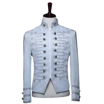 

Bright Color Slim Court Military Dress Men Suit Jacket Shiny Zipper Stage Costume Palace Stand Collar Performance Blazer Tops