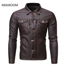 Для мужчин Кожаные куртки и пальта модная Slim Fit однобортный мотоциклетные кожаные пальто