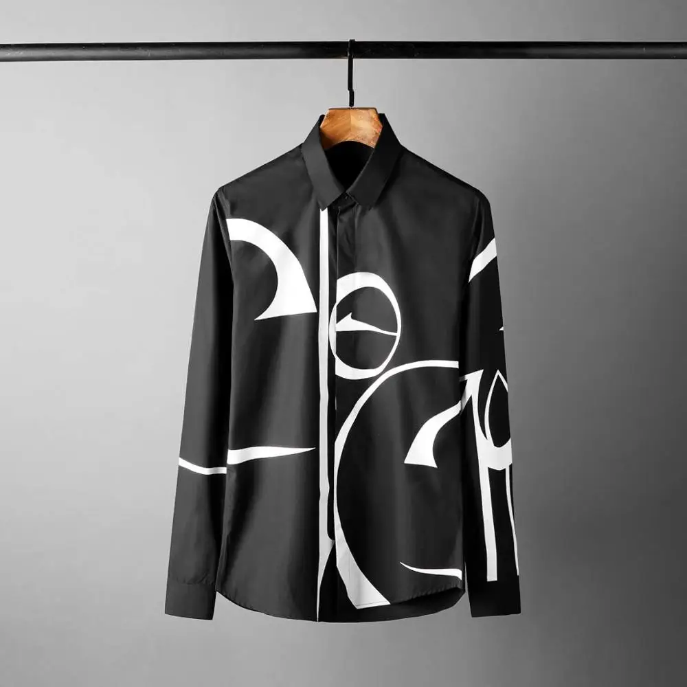 Minglu Mens Shirts Luxury Geometry Printed Long Sleeve Mens Dress