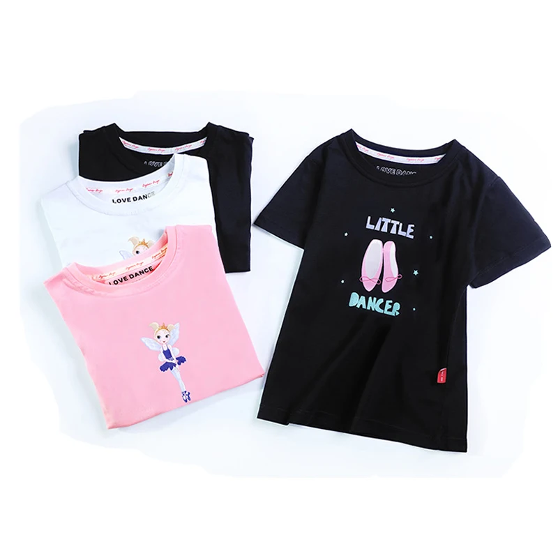 

Summer Girls Printed Shirt Kids Full Cotton T Shirt Short Sleeve Top Children Sport Yoga Jogging Fitness Tees Black White Pink