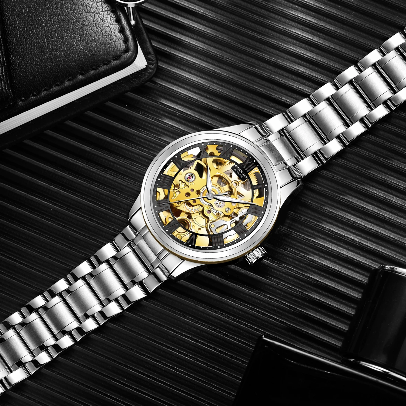 WAKNOER механические часы для мужчин из нержавеющей стали водонепроницаемые золотые Роскошные наручные часы мужские часы лучший бренд Модные Повседневные Montre Homme