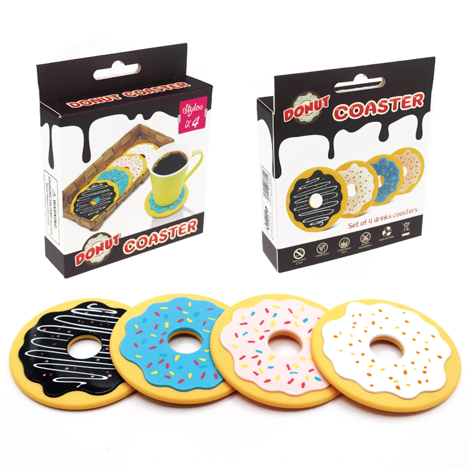 

4Pcs Donut Coaster Anti-slip Design Spinning Retro Insulation Creative Home Kitchen Table Cup Mat