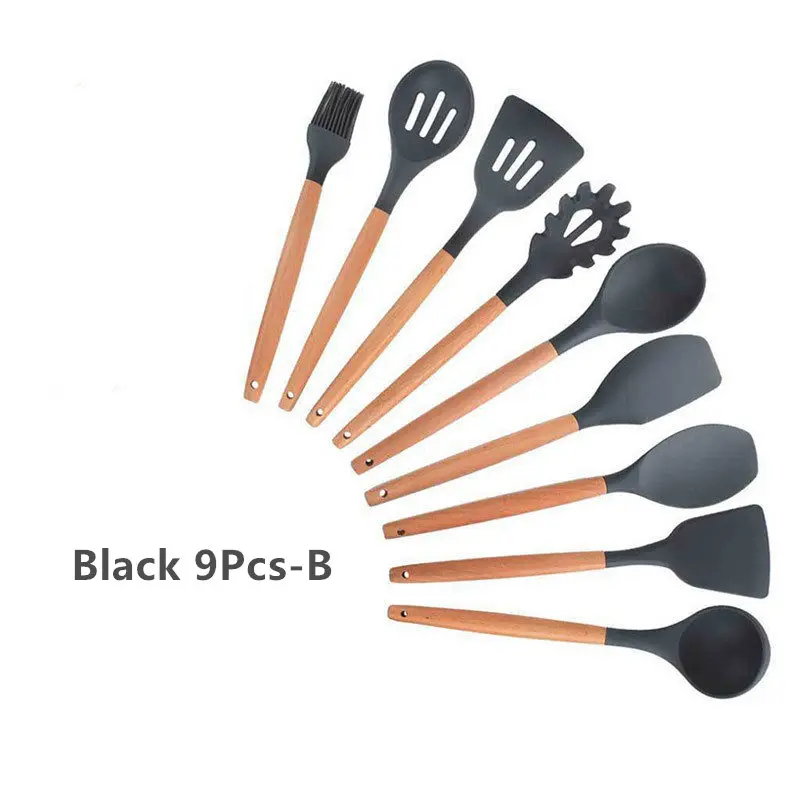 Black 9Pcs-B 9/10/12 шт. силиконовых кейсов Пособия по кулинарии набор посуды с антипригарным покрытием шпатель лопата с деревянной ручкой Пособия по кулинарии Набор инструментов с ящиком для хранения Кухня инструменты - Цвет: Black 9Pcs-B