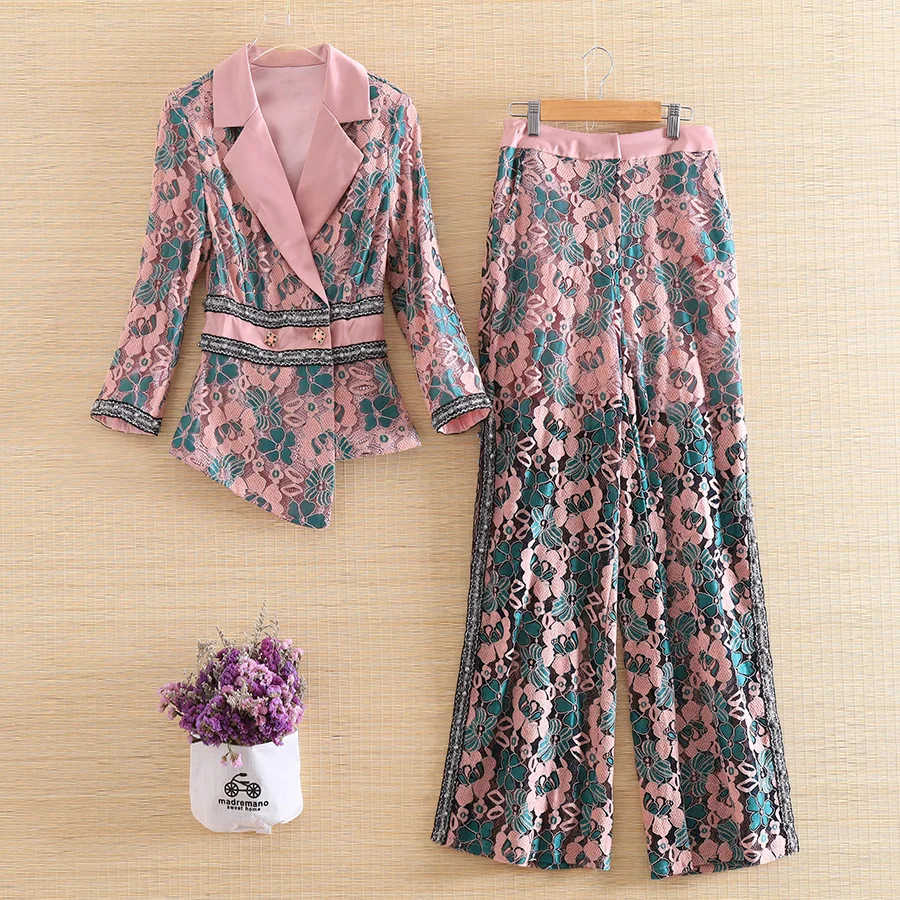 

Embro Mill autumn women 2 pieces set vintage floral slim lace suit + Split wide leg pants elegant lady suit female S-XL