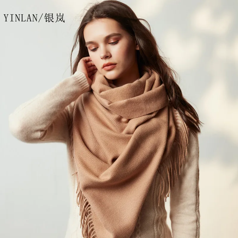 Женский утепленный шерстяной шарф однотонный двухсторонний длинный кашемировый