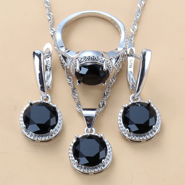 2022 Sell Well Wedding 925 Mark Jewelry Sets Black Zircon Dangle Earrings And Necklace Ring 3 Piece Set women Trendy Costume 1