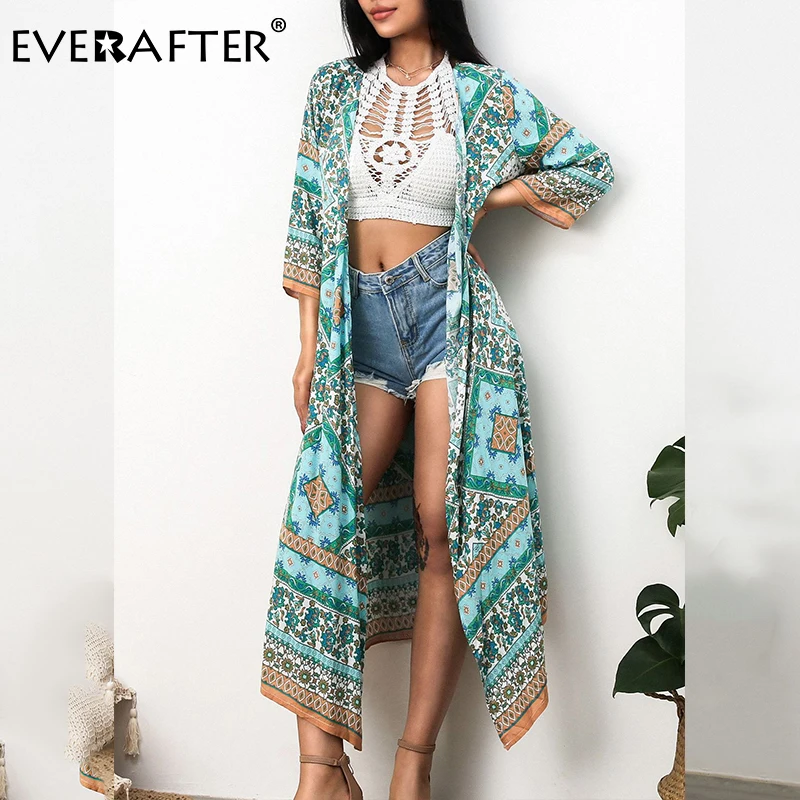 EVERAFTER Chiffon Kimono Beach Cover Up Floral Print Blouse Women 2020 Summer Holiday Long Tops Boho Casual Loose Female Shirts | Женская