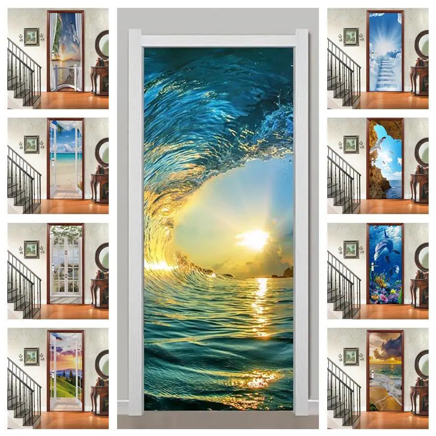 literalmente Piñón Repetido Beach Sea Door Stickers 3D Removable Vinilos Para Puertas Adhesive  Wallpaper Art Murals Poster for Doors Modern Home Decor