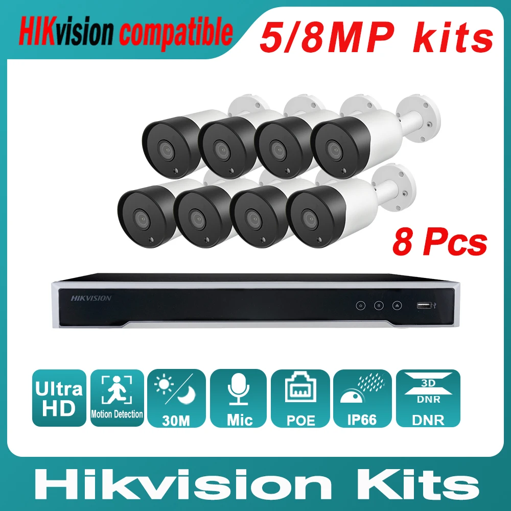 Hikvision Compatible Kit IP Bullet Camera 5/8MP 8PCS Built-in Mic + Original NVR DS-7608NI-K2/8P 8POE 4K CCTV System | Безопасность и
