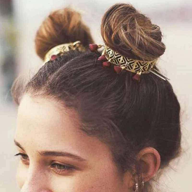 Vintage Hollow Out Red Tassel Hair Sticks Women Fashion Jewelry Female Bridal Hair Accessories Boho Bun Golden Pin