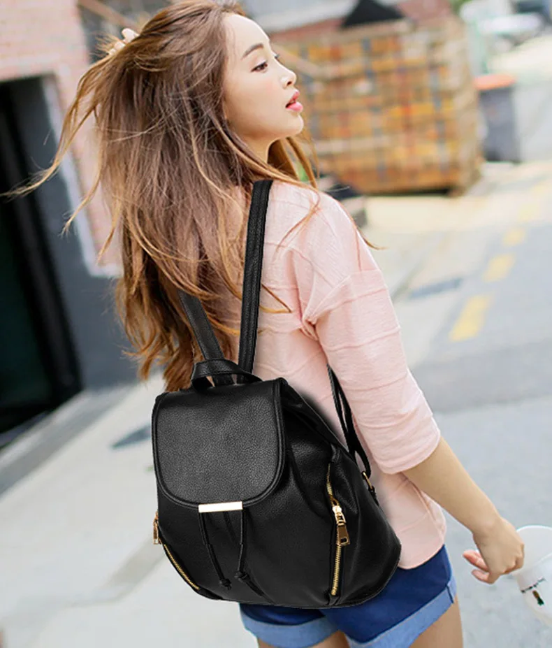 2019 High Quality PU leather Zipper Backpacks Female Small Leisure Backpack Purse College Student Shoulder School Bag Black Pink (1)