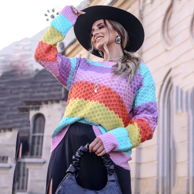 Korean Women Sweater Striped Color Block Patchwork Print Pullovers Winter Long Sleeve O-neck Sweaters Jersey Mujer Pull Femme 4