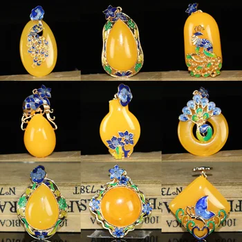 

Amber beeswax pendant cloisonne inlaid women's simple fashion peacock open screen pendant blood pu sweater chain