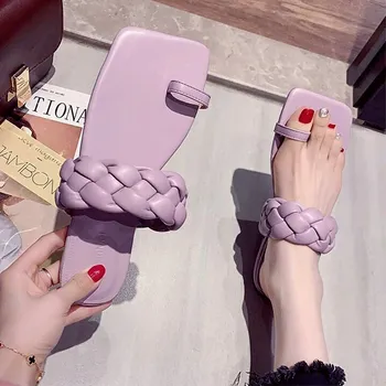 

EOEODOIT Women Slippers Thong Shoes Flat Heel Leather Braid Sandals Casual Summer Drags Outside Beach Holiday Shoes Slides