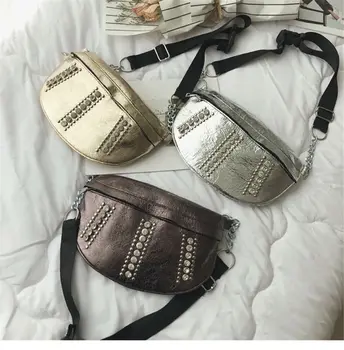 

Women's Fashion Cool PU Waist Pack Chest Bag Solid Zipper Adjustable Chain Belt Handbag 2019 New