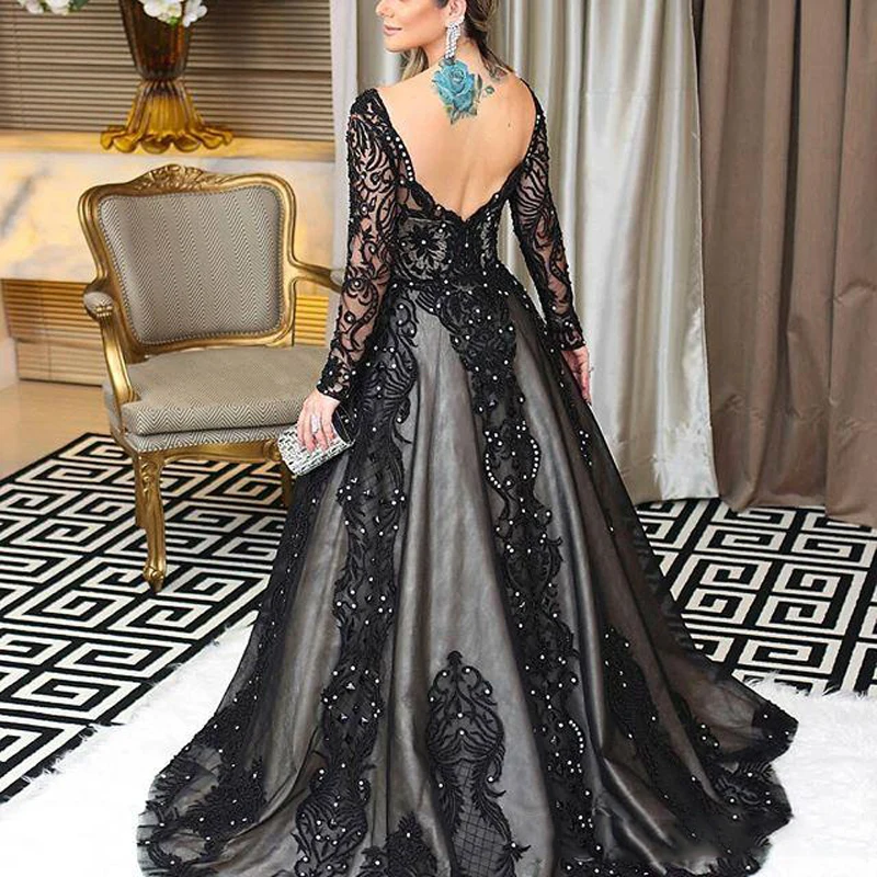 Черное кружевное вечернее платье из Саудовской Аравии с длинным рукавом и открытой спиной, платья для выпускного вечера, женские вечерние платья из Дубая с аппликацией из бисера