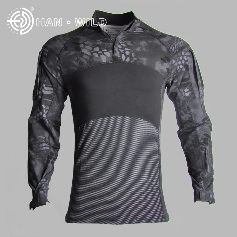 Military Uniform Multicam Army Combat Hunting Camouflage Tactical Shirt Men Long Sleeve Outdoor Elbow Frog Training Hiking Shirt - Цвет: Black Python