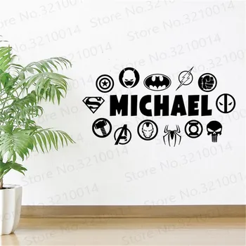 

Superheroes Wall Decal Custom Name DC Marvel Logo Comics Vinyl Sticker Wall Decor Teen Boy Room Bedroom Wall Sticker PW288