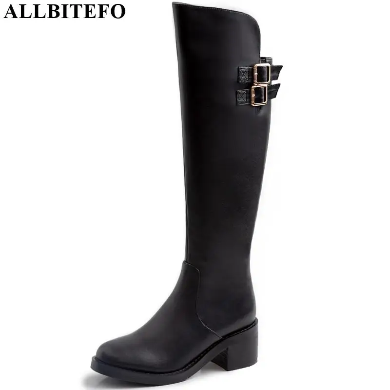 

ALLBITEFO high quality PU+ genuine leather thick heel women knee high boots new winter women boots buckle long boots for women