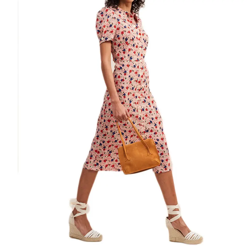 

2019 Women Turmdown Collar Puff Sleeve Floral Print Midi Dress Ladies Single Breasted Long Shirt Dresses Robe Longue Femme Ete