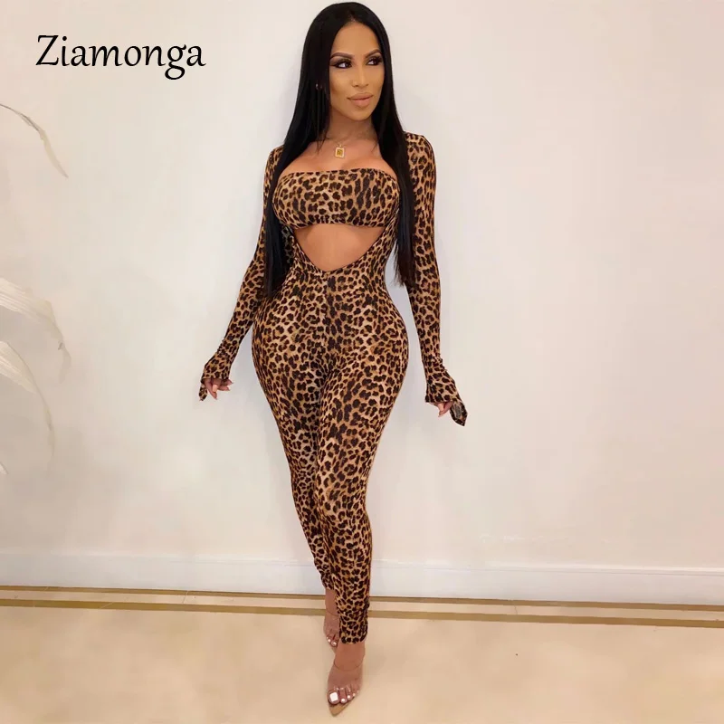 Leopard Ziamonga сексуальный леопардовый комбинезон для женщин с длинным рукавом, модный клубный комбинезон с леопардовым принтом, женские облегающие Элегантные Комбинезоны - Цвет: Leopard