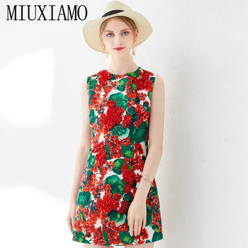 

MIUXIMAO Top Quality 2019 New Casual Dresses Women Stereoscopic Flowers Sleeveless Jacquard Flower Printed Sequin Dress Women