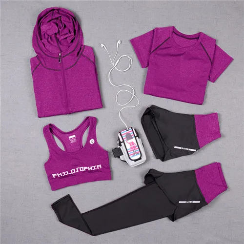 Purple red 5pcs Set Быстросохнущая спортивная одежда, леггинсы для спортзала, женская футболка, костюм для фитнеса, трико, спортивный костюм, зеленый топ, комплект для йоги, женский спортивный костюм - Цвет: Purple red 5pcs Set