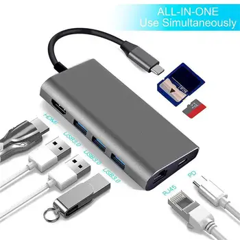 

Male to female Type C Hub 8-in-1 USB C Adapter to HDMI Rj45 / Pd / USB 3.0 with Ethernet MicroSD / SD Card Read USB HUB #911