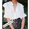 Elfbop Ladies 100% Silk Ruffled Short Sleeve Blouse Shirt Top - Women White/Black Top 1
