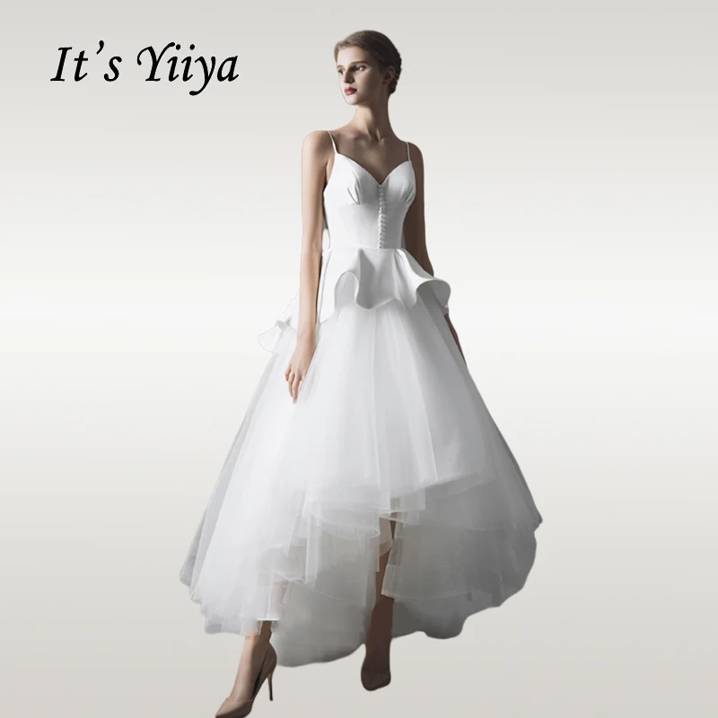 

It's Yiiya Prom Dress Elegant V-neck White Dresses Women Party Night Irregular Tiered Hems Ruffles Vestidos De Gala E669