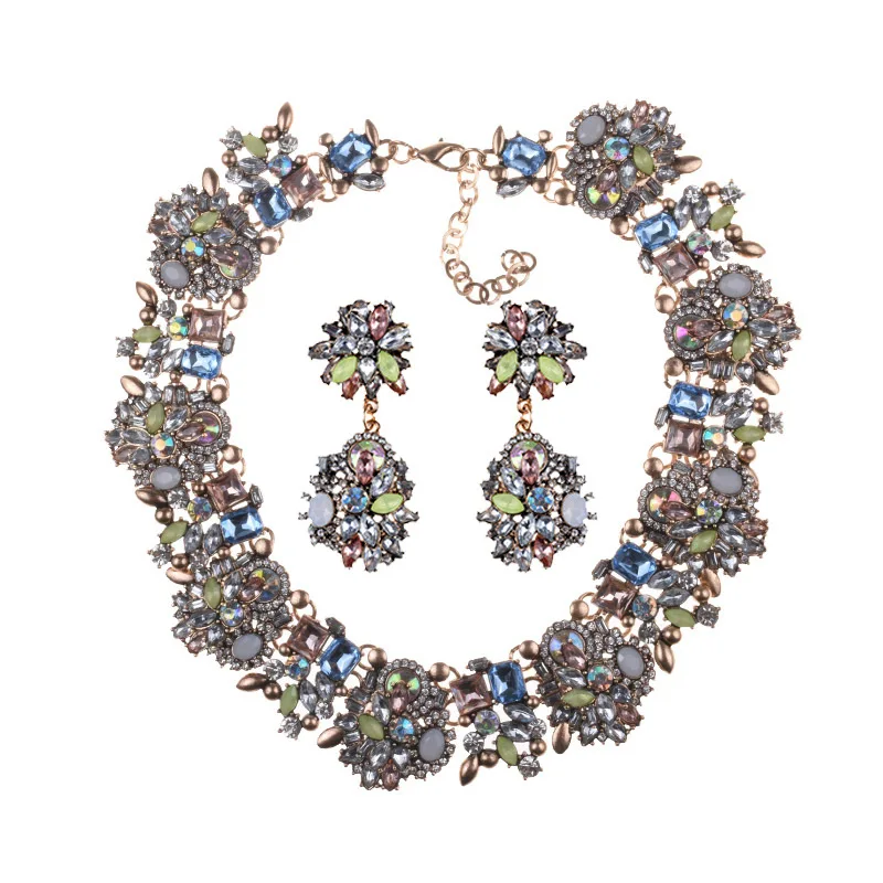 Luxury Crystal Rhinestone Necklace Earrings Jewelry Sets Women Large Collar Statement Choker Necklace Female Big Bib Necklaces - Окраска металла: Pink Blue Green