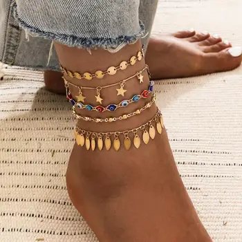 

VAGZEB 5pcs/set Colorful Evil Eye Anklets for Women Gold Color Stars Leaves Sequins Anklet Multilayer Beach Anklet Jewelry