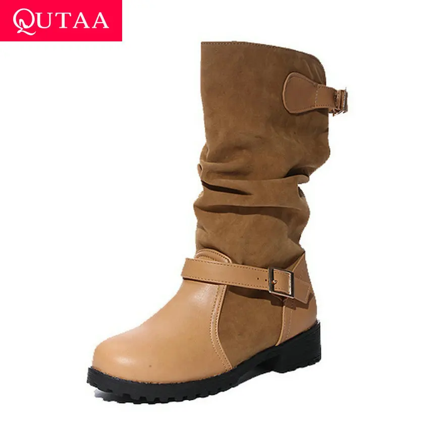 

QUTAA 2020 Square Heel Round Toe Autumn Winter Casual Women Shoes Patchwork Flock PU Leather Buckle Mid Calf Boots Big Size34-43